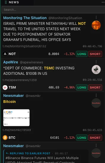 The news panel: breaking headlines, each enriched with its tradeable ticker, live price and long/short buttons